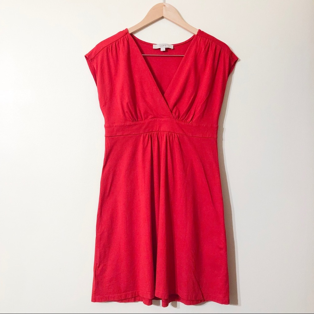 loft | banded short sleeve red dress small